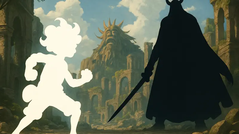 Луффи в Gear 5, готовящийся к битве, на фоне Нероны Иму из One Piece.