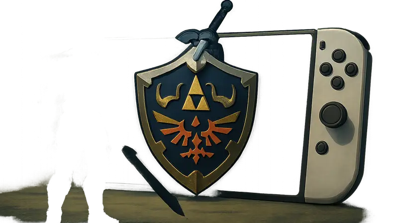Логотип Zelda: Ocarina of Time на фоне консоли Nintendo Switch 2