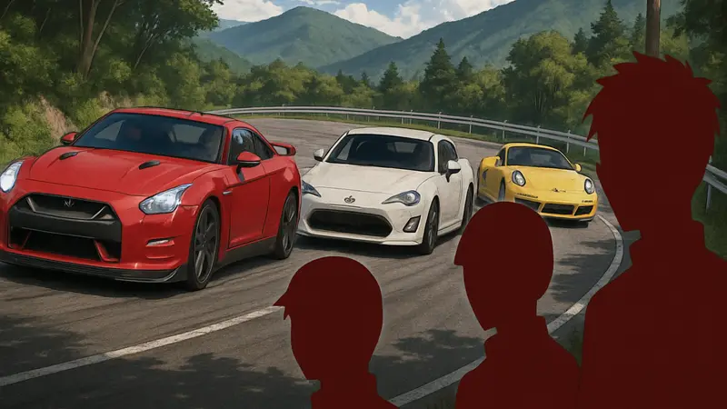 Кадры из аниме MF GHOST с гоночными автомобилями на трассе.