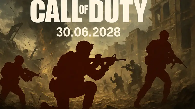 Постер фильма Call of Duty с логотипом и датой выхода 30 июня 2028 года, на фоне солдат в боевых действиях.