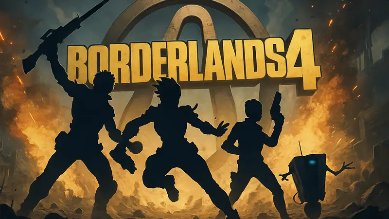 Персонажи Borderlands 4 в динамичной позе на фоне стилизованного логотипа игры и взрывов