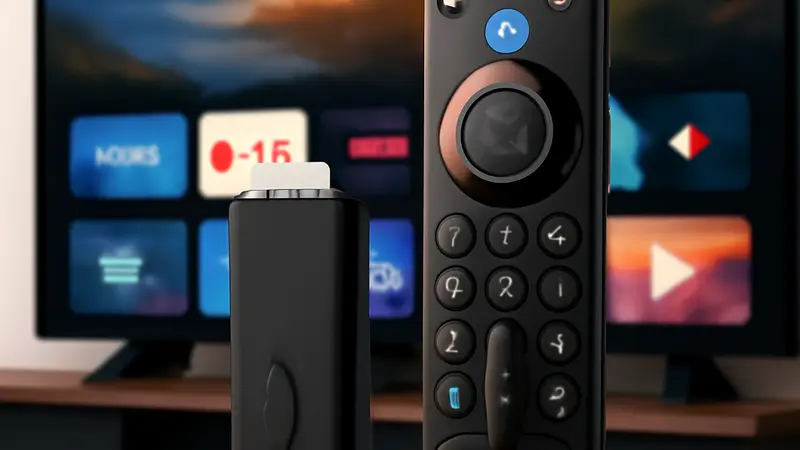 Amazon Fire TV Stick 4K Plus с пультом управления на фоне телевизора с потоковым видео.