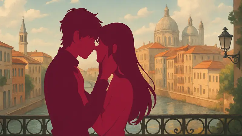 Иллюстрация аниме Love Through a Prism, главные герои, романтическая сцена на фоне европейского города.