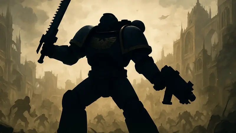 Космический десантник в броне из Warhammer 40,000: Space Marine 2 в боевой позе
