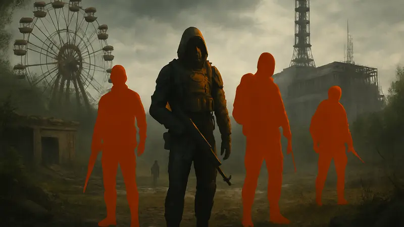 Постер STALKER 2: Heart of Chornobyl с персонажами в постапокалиптической Зоне и надписью "Цена надежды".