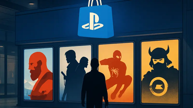 Логотип PlayStation Store и иконки популярных игр на распродаже