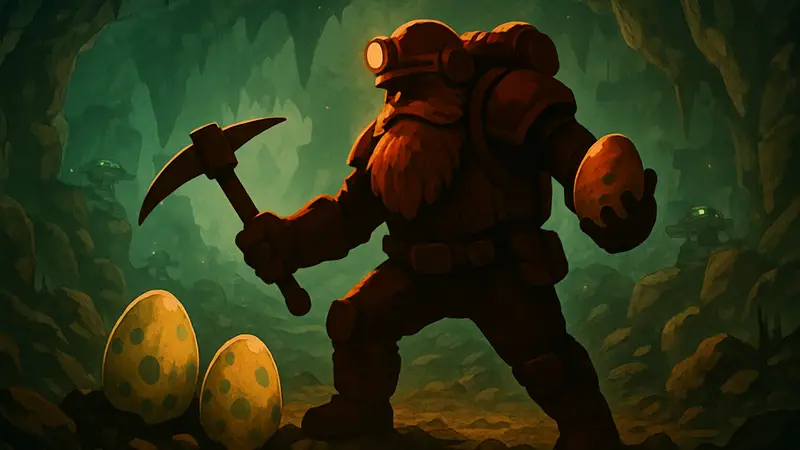 Гном-космонавт из Deep Rock Galactic: Survivor с киркой собирает пасхальные яйца в новом DLC.