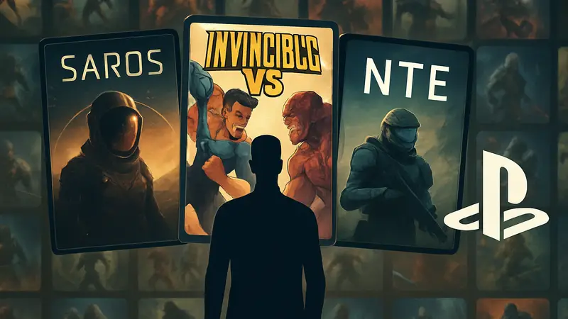 Обложки игр Saros, Invincible VS, NTE и логотип PlayStation на фоне множества других новых игр для PS5 и PS4.