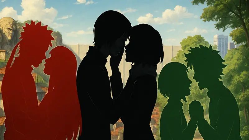 Лучшие пары сёнен-аниме: Наруто и Хината, Эрен и Микаса, Изуку и Очако в романтических сценах.