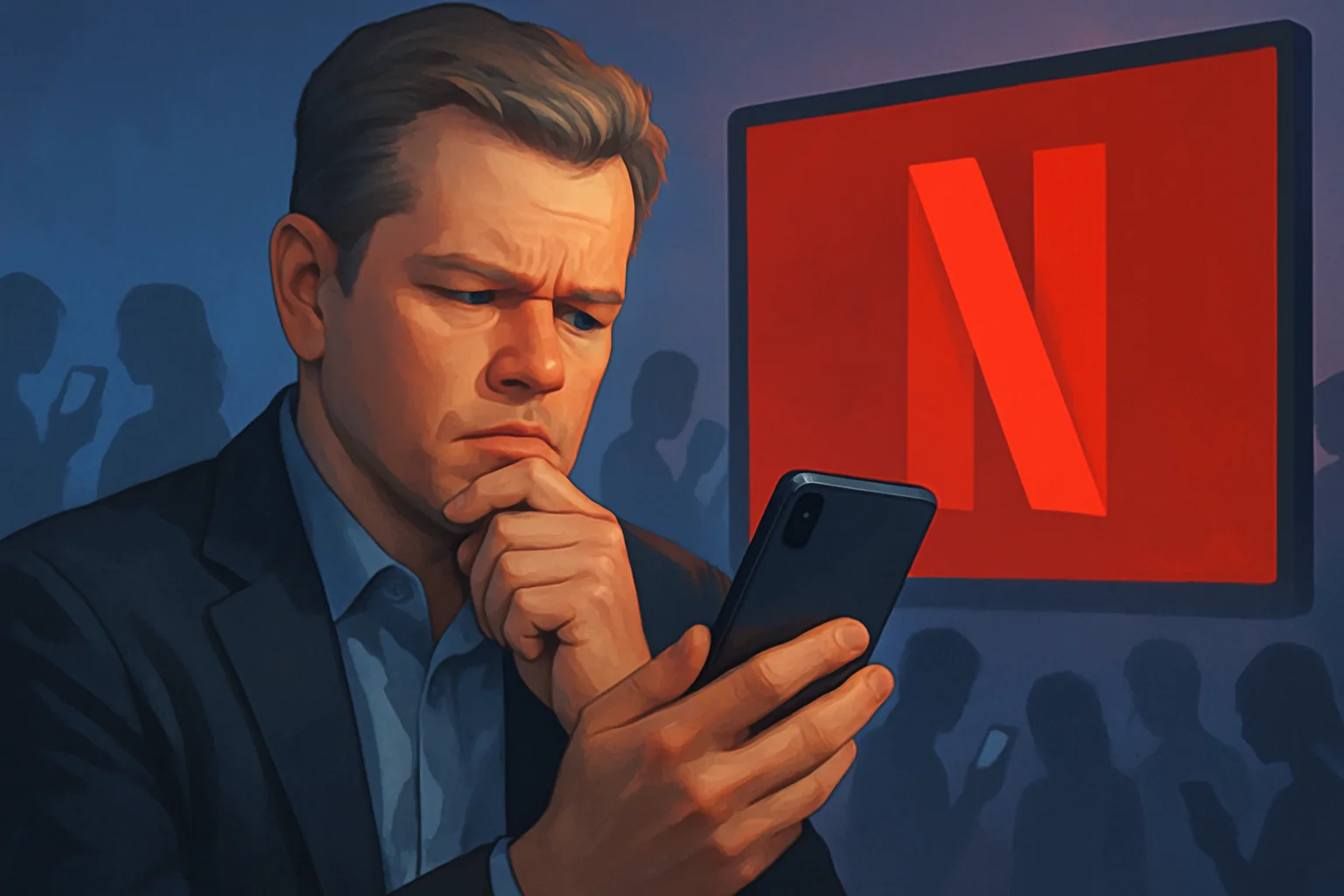 Мэтт Дэймон, задумчиво смотрящий на смартфон, символизирующий влияние гаджетов на восприятие медиаконтента.
