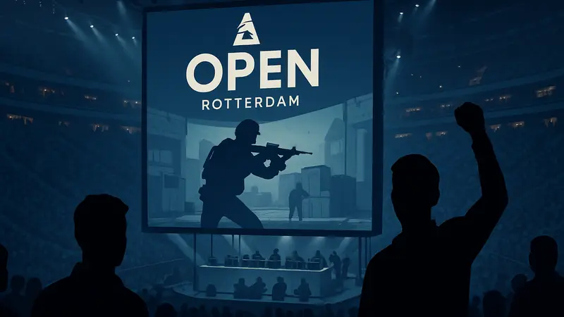 Логотип BLAST Open Rotterdam на фоне игровой арены во время киберспортивного матча Counter-Strike: Global Offensive.