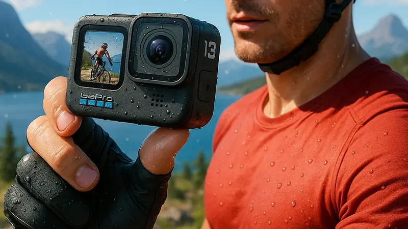 Экшн-камера GoPro HERO13 Black в руках спортсмена на фоне живописного пейзажа, демонстрирующая водонепроницаемость и функциональность.