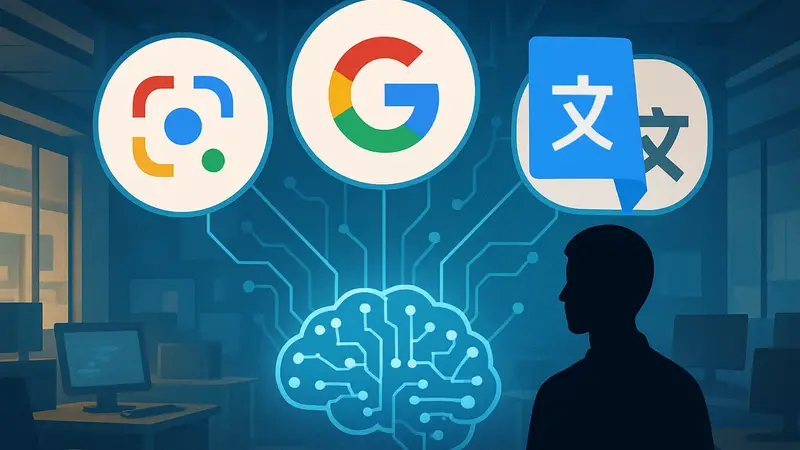 Изображение, символизирующее сбор данных Google для обучения ИИ: иконки Lens, Search, Translate.