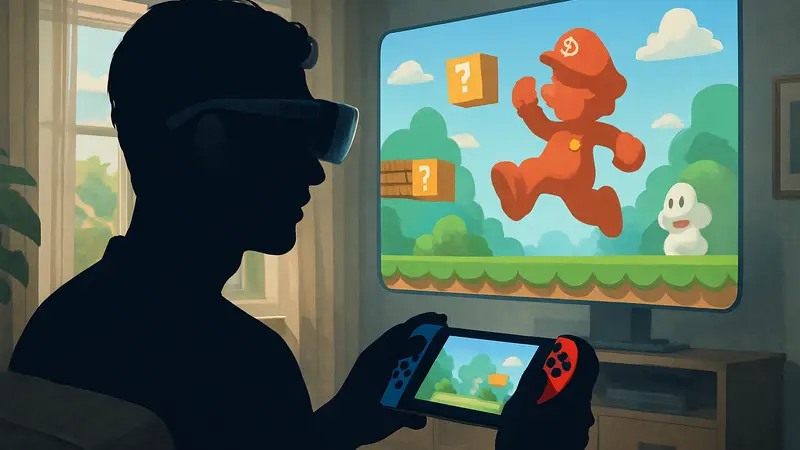 Человек в XR-очках RayNeo Air 4 Pro, играющий на Nintendo Switch 2.