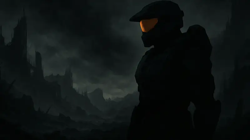 Мастер Чиф из Halo на фоне тёмного, разрушенного ландшафта, символизирующего мрачный тон