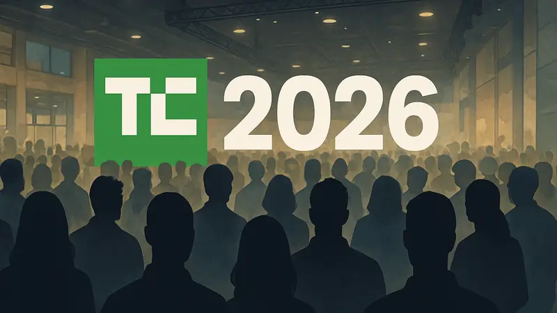Логотип TechCrunch Disrupt 2026 на фоне изображения толпы участников конференции.