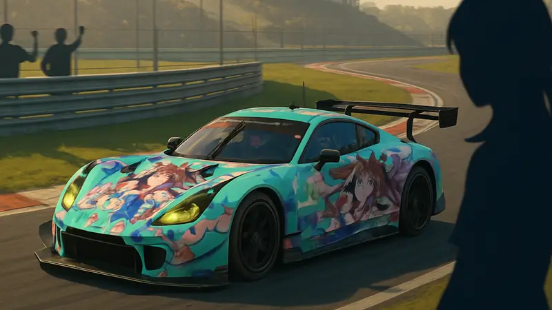 Гоночный автомобиль Super GT со спонсорской символикой Umamusume Pretty Derby, мчится по трассе.