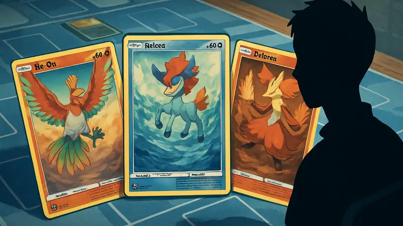 Три промо-карты Pokemon TCG Chaos Rising: Ho-Oh, Keldeo и Delphox на фоне игрового поля.