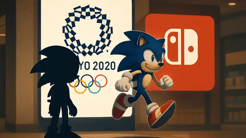 Логотип Mario & Sonic на Олимпийских играх Токио 2020 на фоне иконки Nintendo Switch eShop.