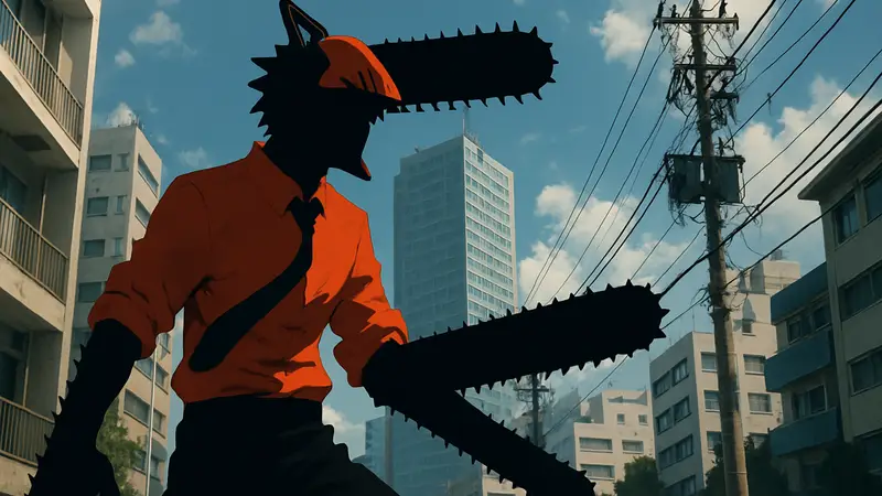 Денджи из Chainsaw Man с бензопилами, арт по аниме или манге.