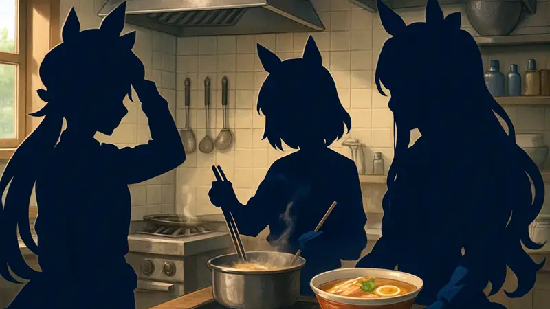 Персонажи Umamusume готовят рамен на кухне в аниме-стиле
