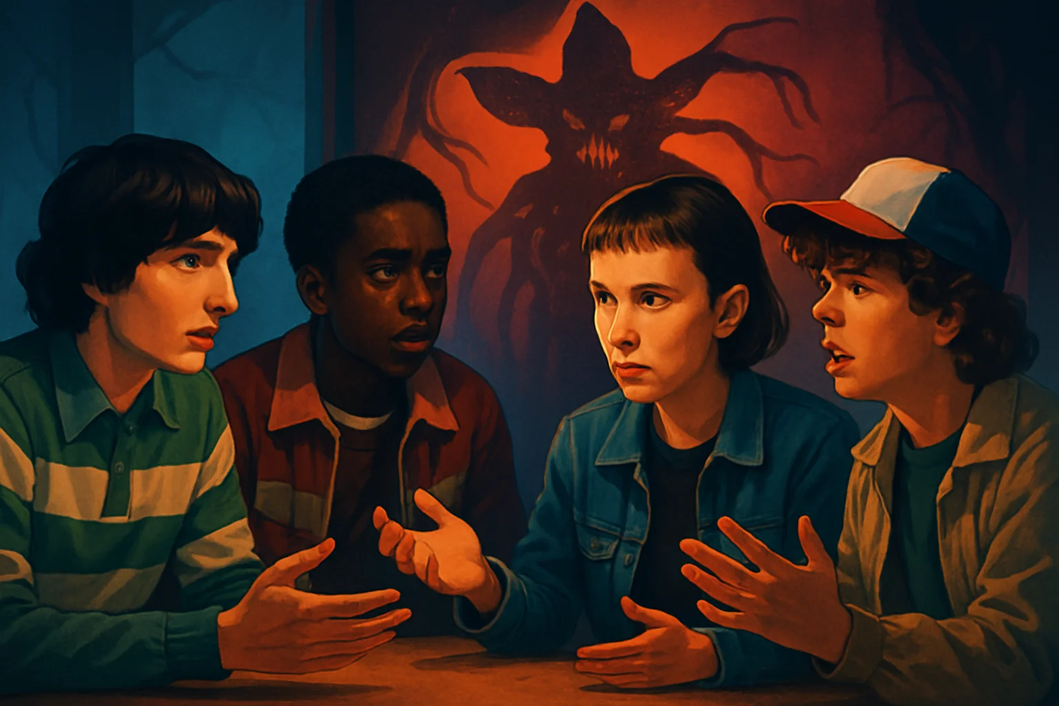 Изображение с главными героями сериала «Очень странные дела», обсуждающими финал и нерешенные загадки сюжета.