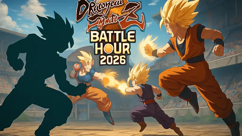 Изображение персонажей из Dragon Ball FighterZ, сражающихся на арене, с логотипом Battle Hour 2026.