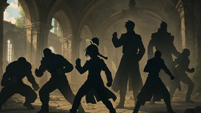 Эдвард Элрик, Рой Мустанг и другие Государственные Алхимики из Fullmetal Alchemist в боевых позах.