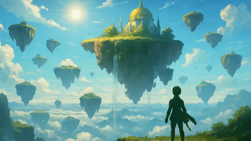 Изображение Сияющих Небес из Pokemon Pokopia с парящими островами и ярким небом.