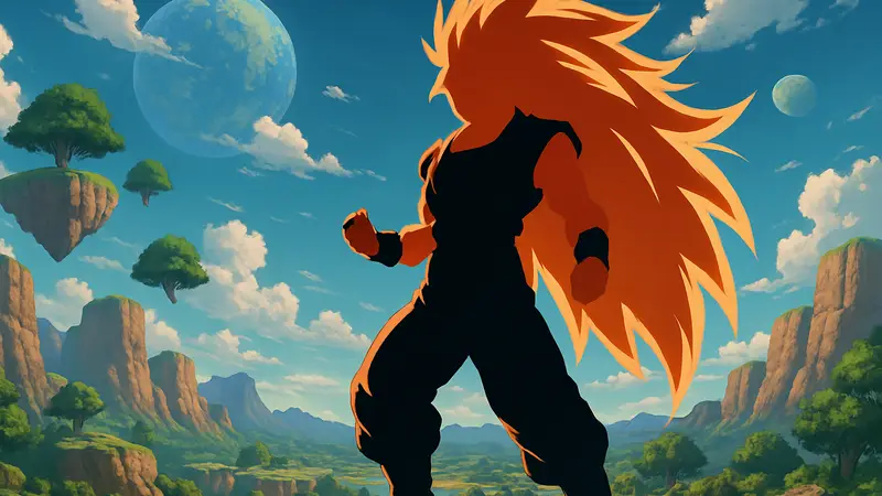 Гоку в форме Super Saiyan 3, демонстрирующий мощь трансформации, на фоне вселенной Dragon Ball.