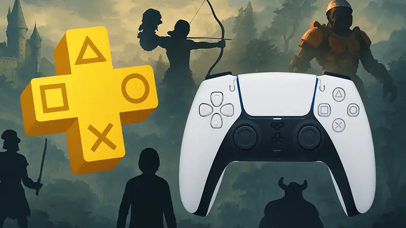 Логотип PlayStation Plus и изображения контроллера DualSense на фоне бесплатных игр