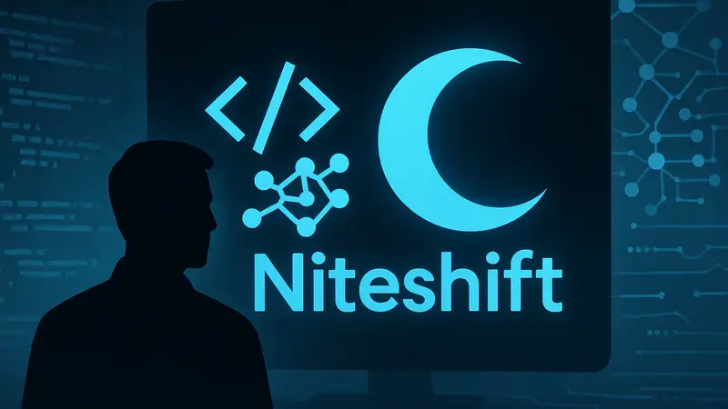 Логотип стартапа Niteshift с элементами кода и искусственного интеллекта