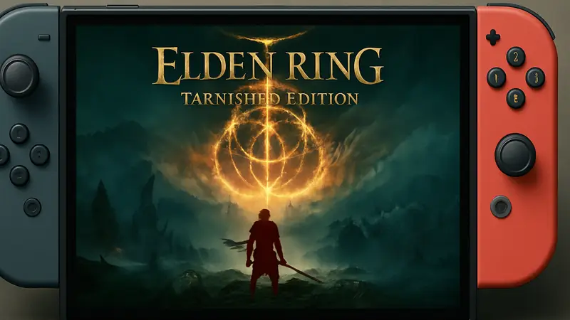 Обложка Elden Ring: Tarnished Edition, стилизованная под Nintendo Switch 2, с изображением Потускневшего.