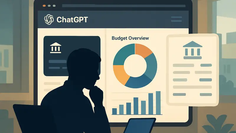 Интерфейс ChatGPT, интегрированный с банковскими приложениями и финансовыми данными, показывающий аналитику бюджета.