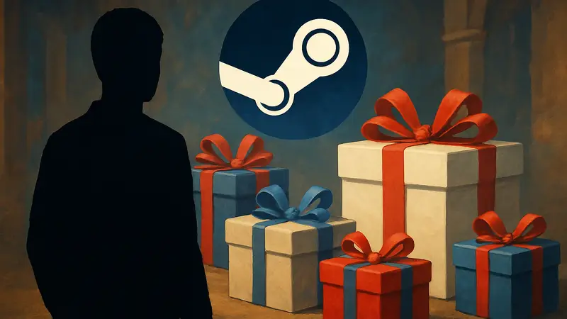 Логотип Steam на фоне шести подарочных коробок, символизирующих бесплатные игры.
