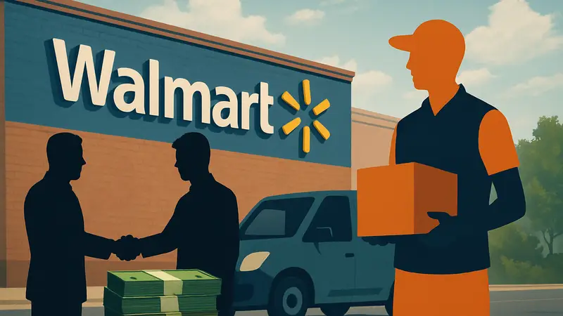 Логотип Walmart и иллюстрация водителя доставки, урегулирование иска, Spark Driver