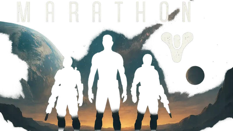 Логотип игры Marathon на фоне космического пейзажа и символ Destiny 2