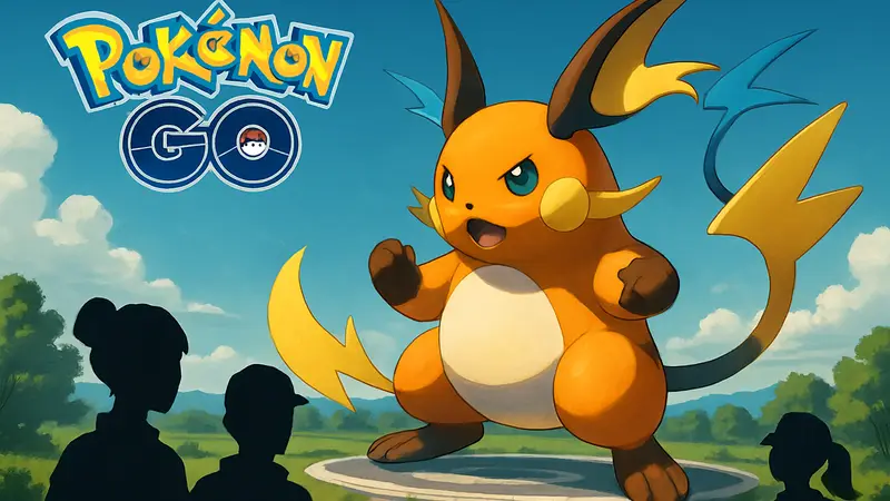 Изображение Мега Райчу из Pokémon Go, готового к бою в Мега-рейде, на фоне логотипа игры.