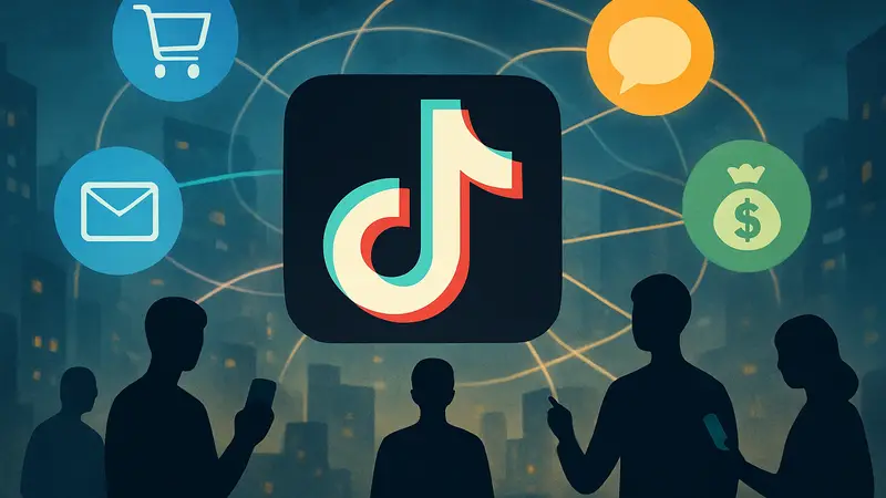 Логотип TikTok с элементами, символизирующими множество интегрированных сервисов в одном «суперприложении».