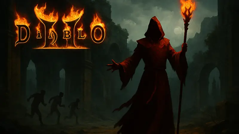 Логотип Diablo II: Resurrected и изображение чернокнижника, символизирующие героическую гонку.