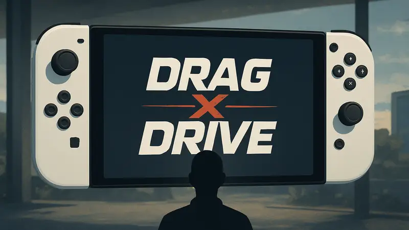 Логотип игры Drag x Drive на фоне консоли Nintendo Switch 2, символизирующий свежий патч 1.2.1.