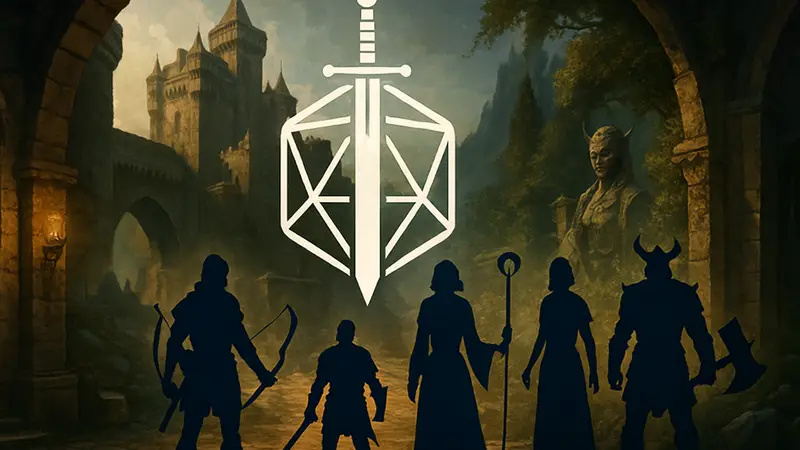 Изображение с символикой CRPG, возможно, с кадрами из Baldur's Gate 3 или Daggerfall.