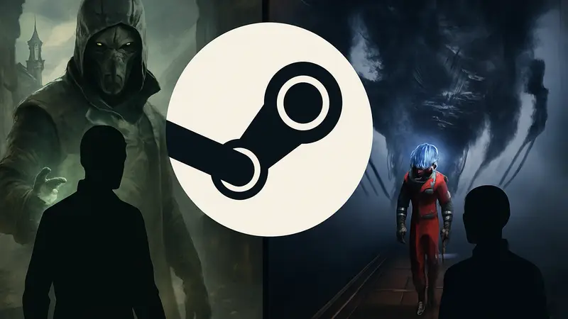 Логотип Steam на фоне обложек популярных игр Arkane Studios, таких как Dishonored или Prey.