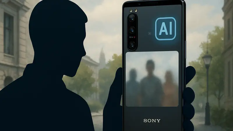 Смартфон Sony Xperia 1 VIII с включенной камерой и иконкой AI, демонстрирующий плохие фотографии.