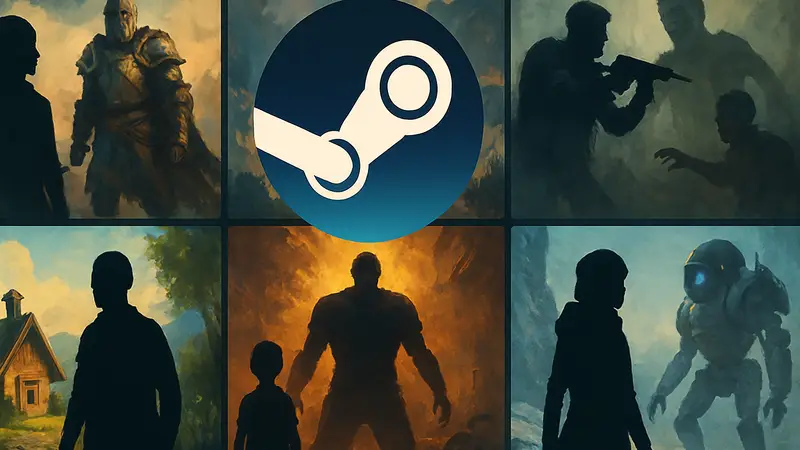 Логотип Steam на фоне обложек семи бесплатных игр разных жанров