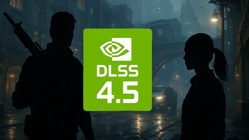 Логотип технологии NVIDIA DLSS 4.5 с графическими улучшениями для игр, на фоне высококачественного геймплея