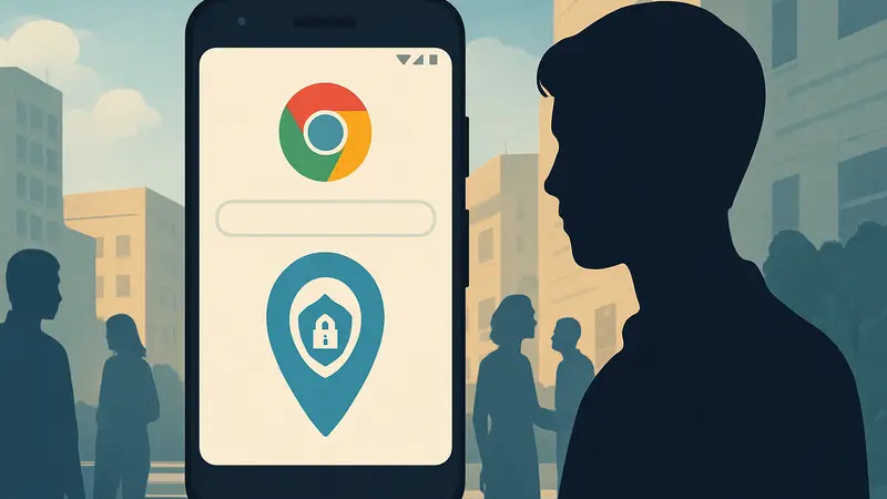 Изображение смартфона Android с открытым браузером Chrome и значком геолокации, указывающим на приватность.