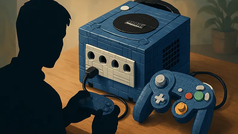 Фанатская LEGO-модель игровой консоли Nintendo GameCube с контроллером в натуральную величину
