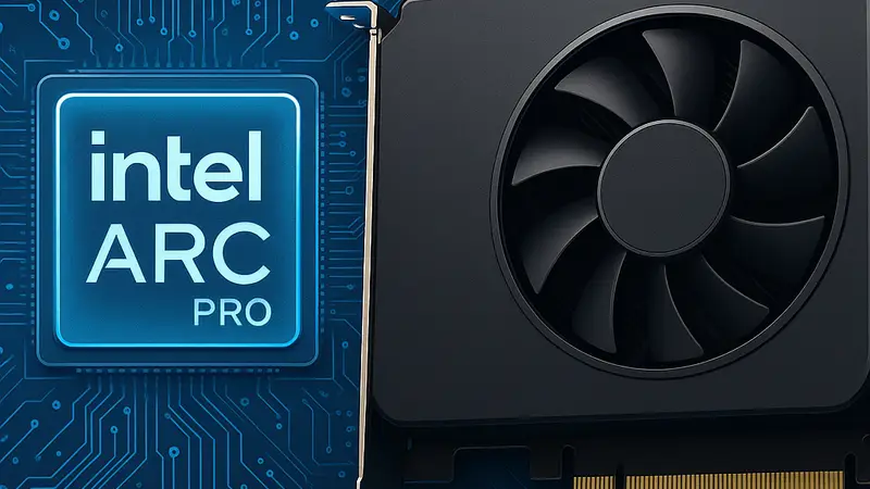 Логотип Intel Arc Pro на фоне печатной платы видеокарты