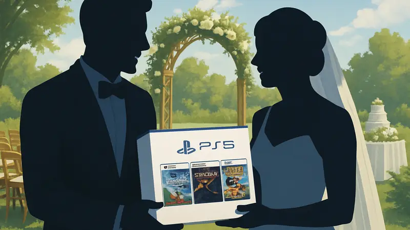 Счастливая пара геймеров держит коробку с играми для PS5 от Sony на свадьбе